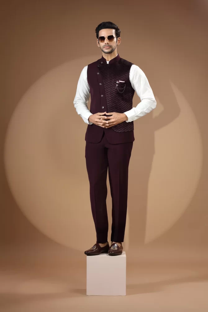 Maroon Sequin Thread Embroidered Velvet Waist-Coat With Shirt