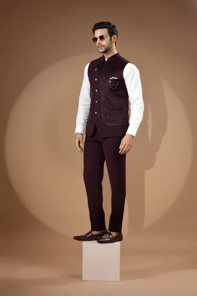 Maroon Sequin Thread Embroidered Velvet Waist-Coat With Shirt