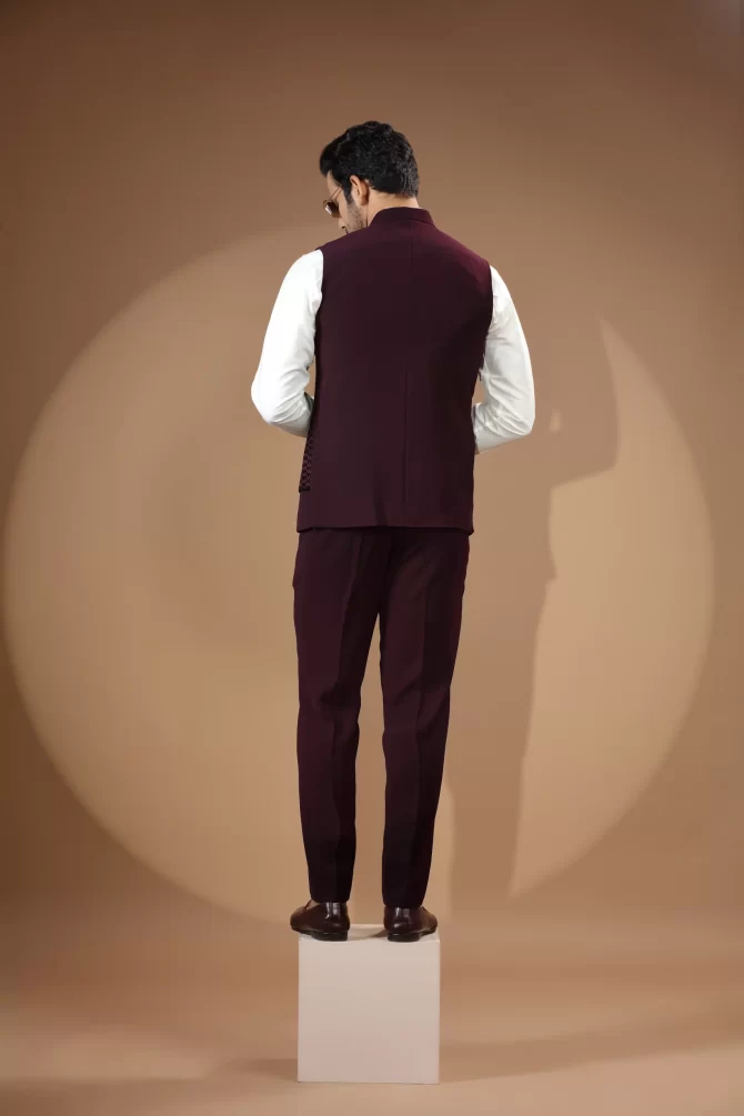 Maroon Sequin Thread Embroidered Velvet Waist-Coat With Shirt