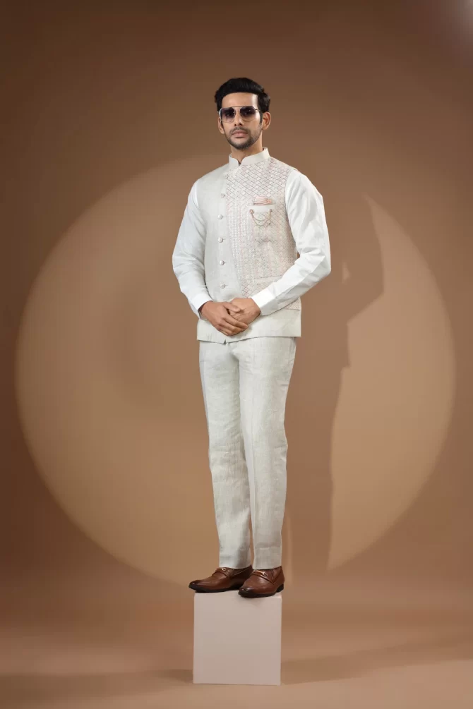 White & Light Pink Sequin Thread Embroidered Velvet Waist-Coat With Shirt