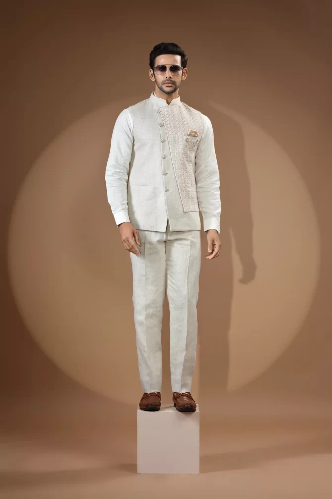 White & Light Pink Sequin Thread Embroidered Velvet Waist-Coat With Shirt