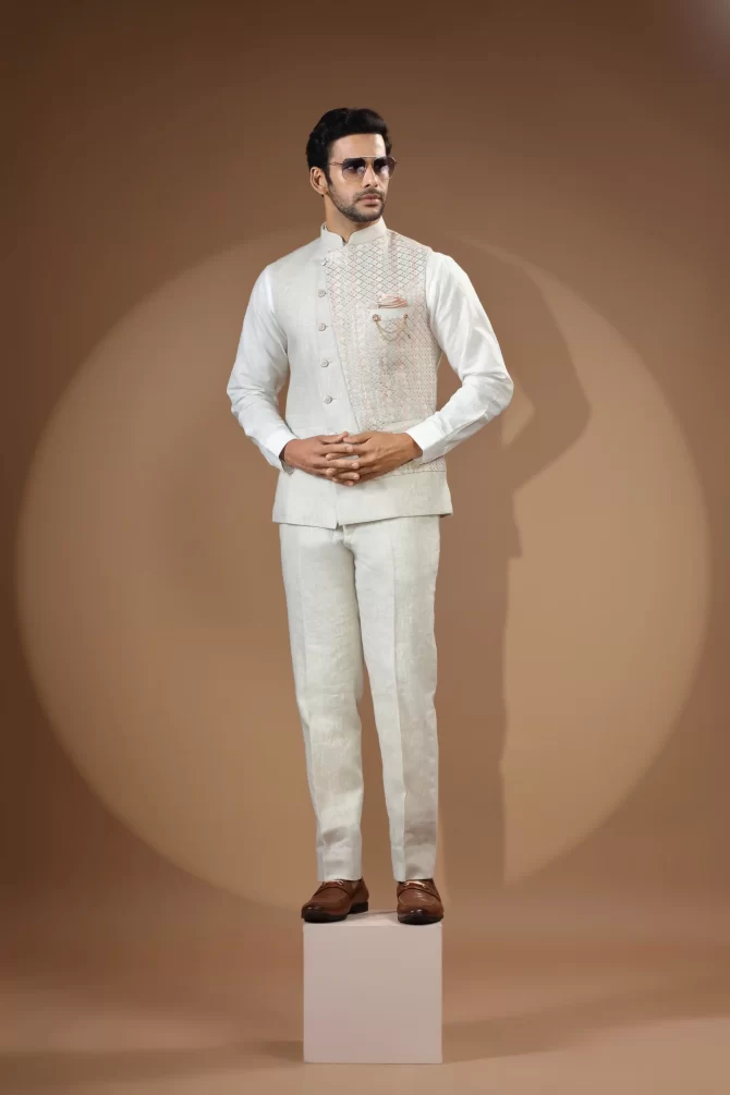 White & Light Pink Sequin Thread Embroidered Velvet Waist-Coat With Shirt