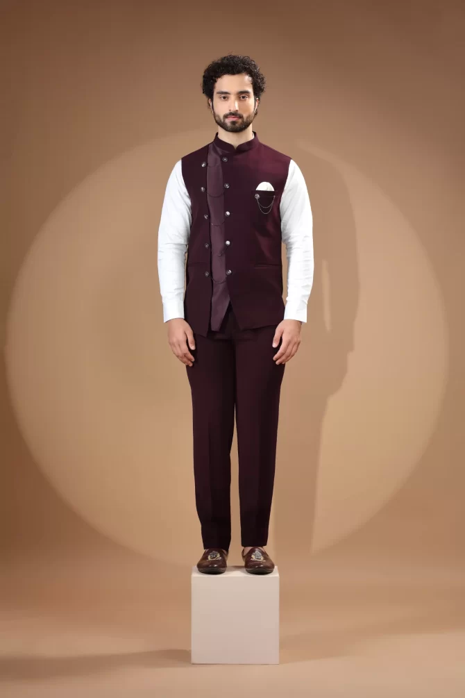 Dark Maroon Embroidered Velvet Waist-Coat With Shirt