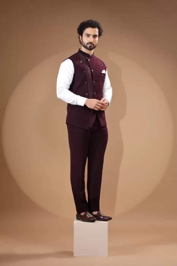 Dark Maroon Embroidered Velvet Waist-Coat With Shirt