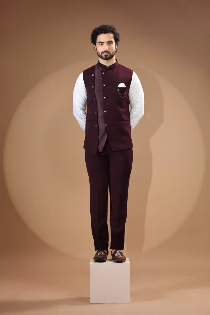 Dark Maroon Embroidered Velvet Waist-Coat With Shirt