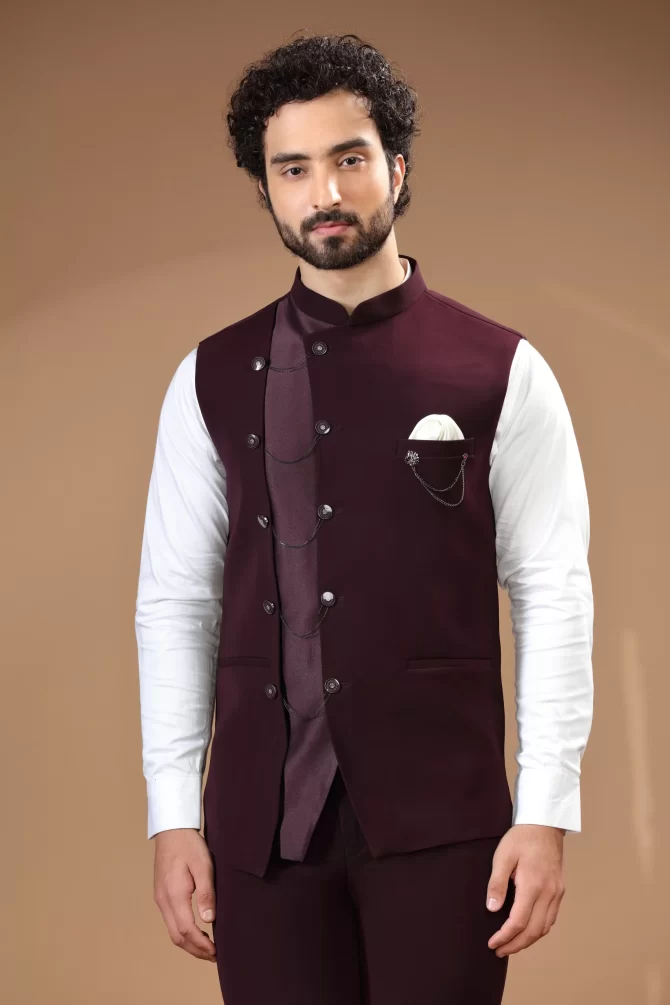 Dark Maroon Embroidered Velvet Waist-Coat With Shirt