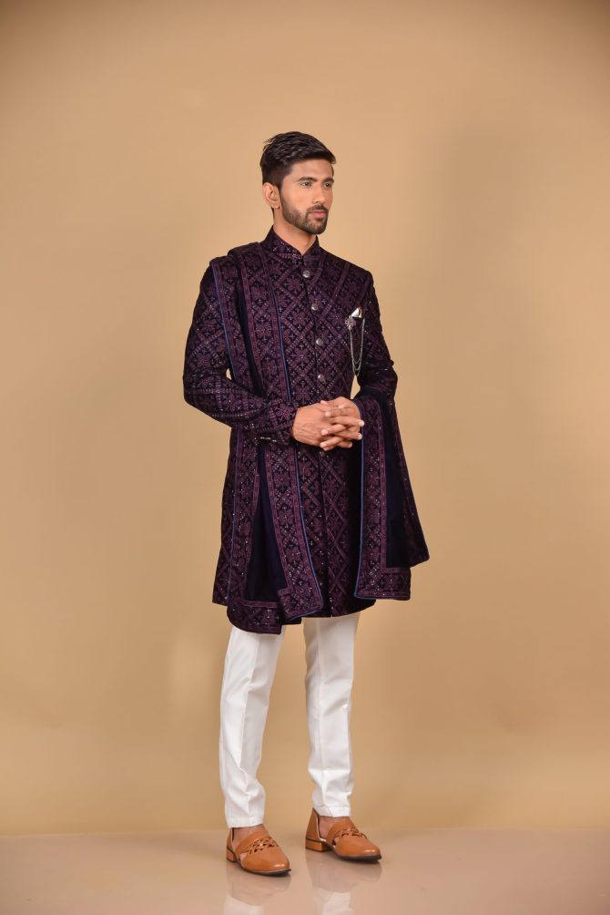 Maroon & Navy Blue Heavy Thread & Sequin work Velvet with Dupatta Indo Western