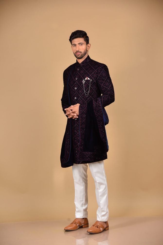 Maroon & Navy Blue Heavy Thread & Sequin work Velvet with Dupatta Indo Western