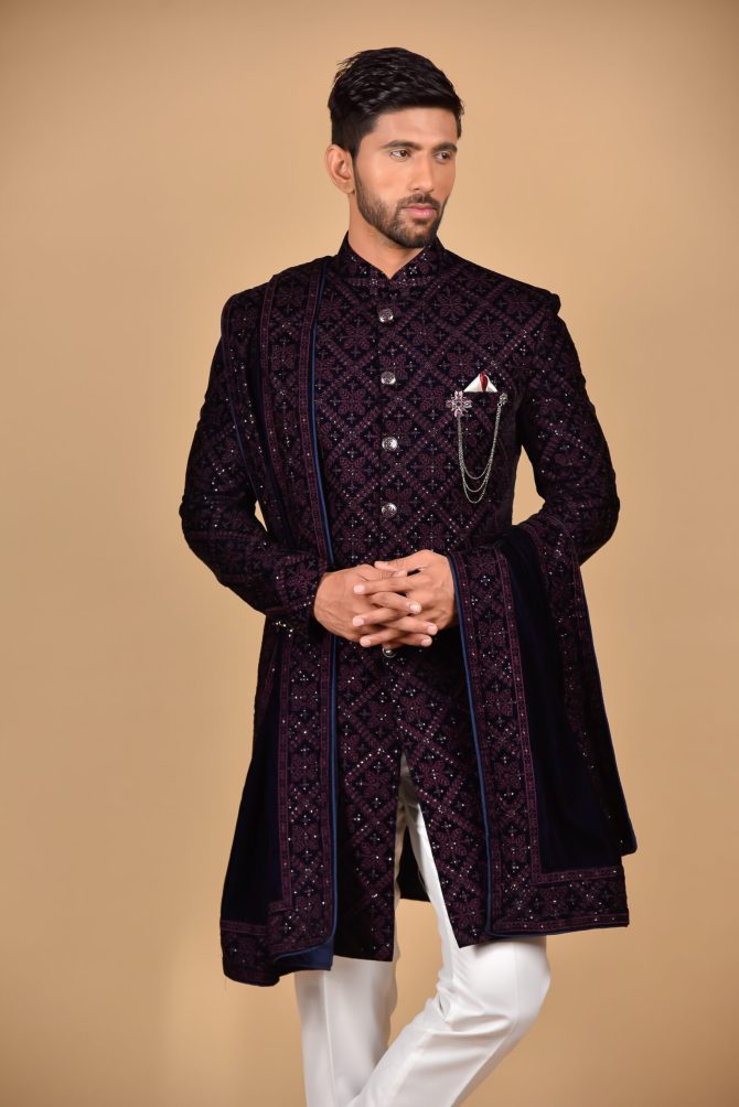 Maroon & Navy Blue Heavy Thread & Sequin work Velvet with Dupatta Indo Western