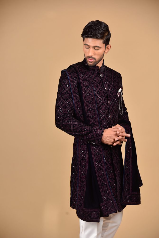 Maroon & Navy Blue Heavy Thread & Sequin work Velvet with Dupatta Indo Western
