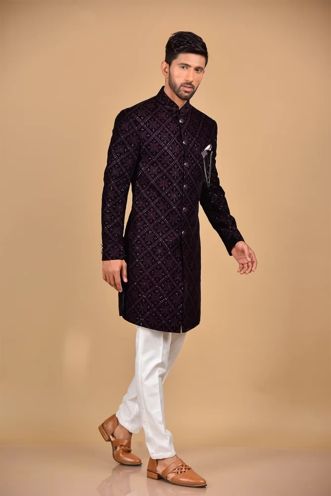 Maroon & Navy Blue Heavy Thread & Sequin Work Velvet Indo Western