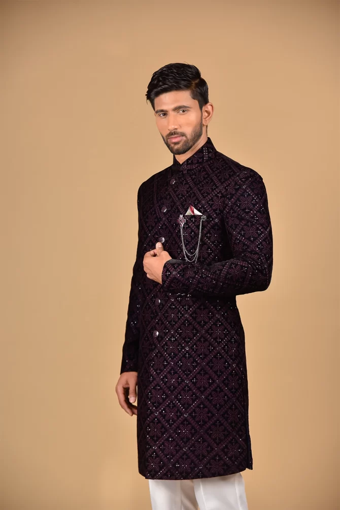 Maroon & Navy Blue Heavy Thread & Sequin Work Velvet Indo Western