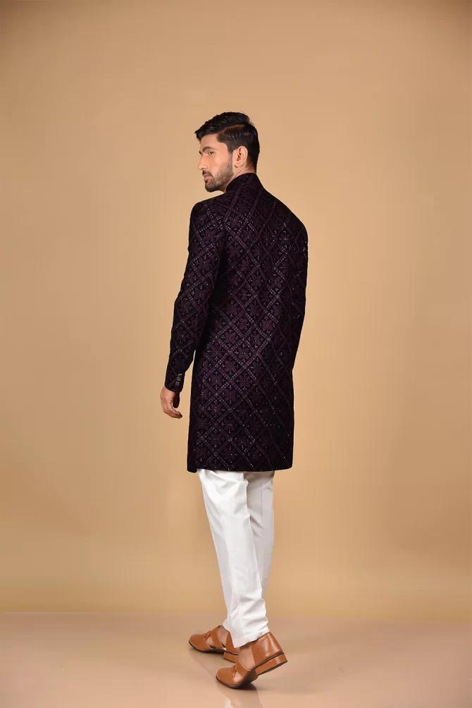 Maroon & Navy Blue Heavy Thread & Sequin Work Velvet Indo Western