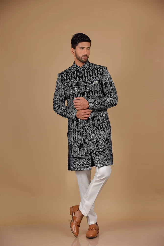 Black & White Thread Work Velvet Indo Western
