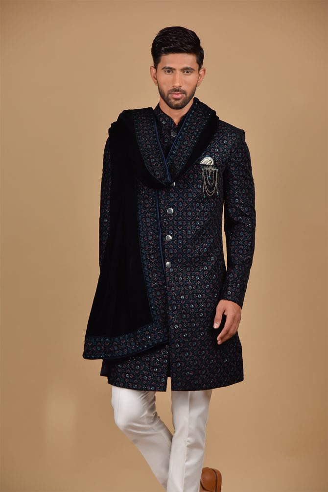 Navy Blue Sequin Thread Embroidery Velvet with Dupatta Indo Western