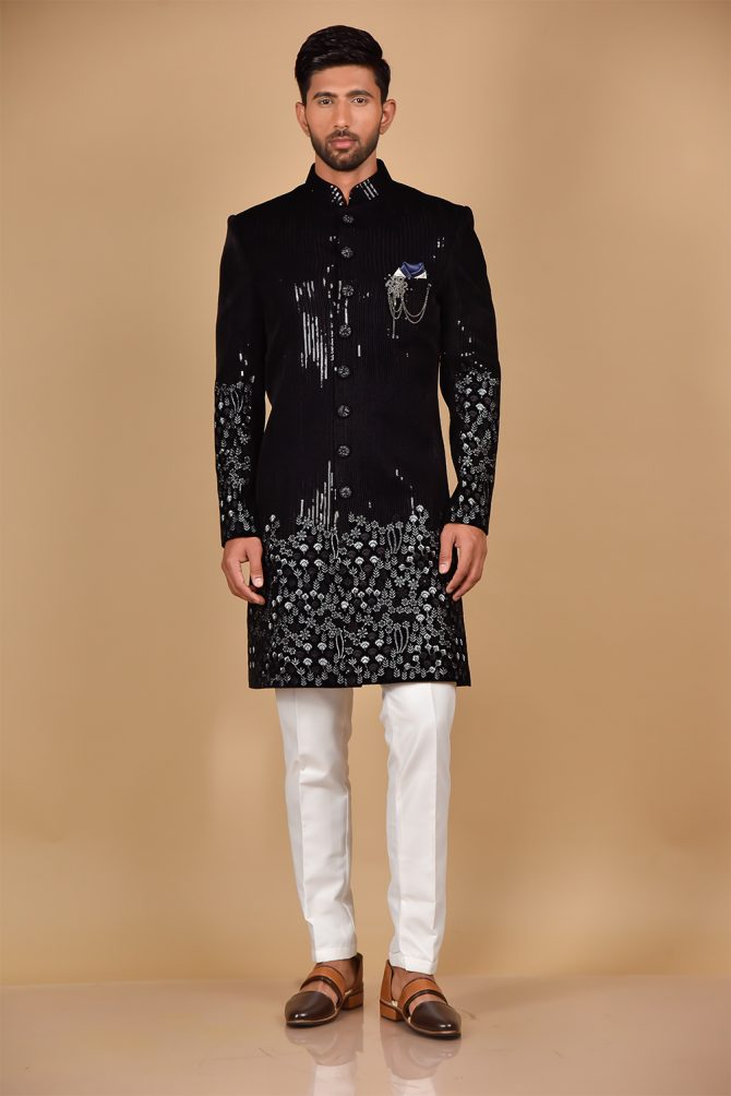 Black & White Sequin Embroidery Velvet Indo Western