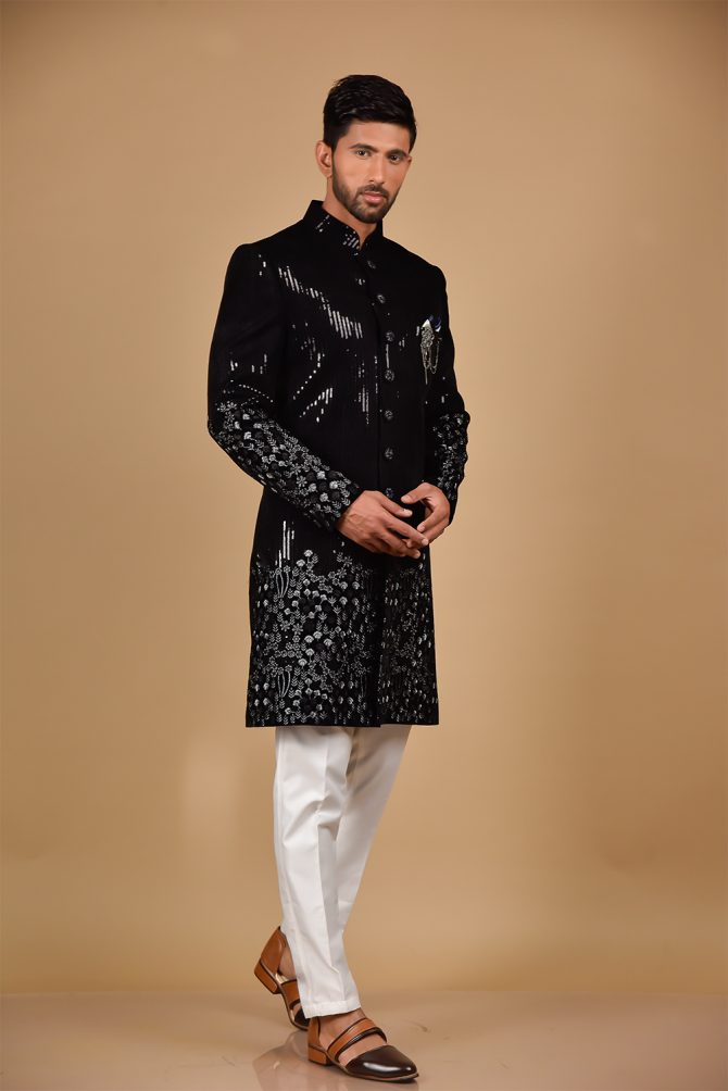Black & White Sequin Embroidery Velvet Indo Western
