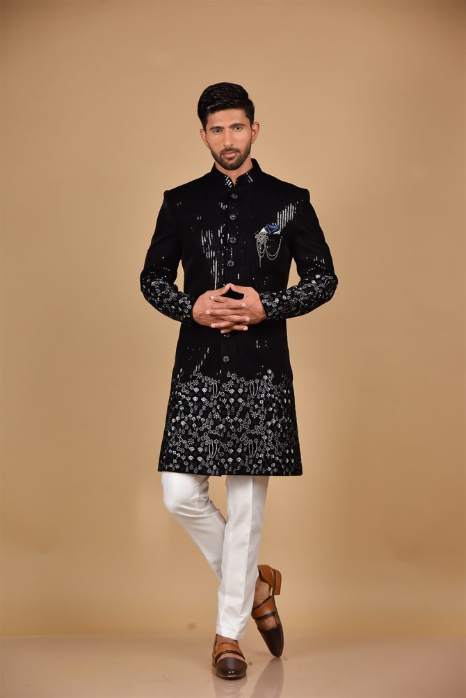 Black & White Sequin Embroidery Velvet Indo Western