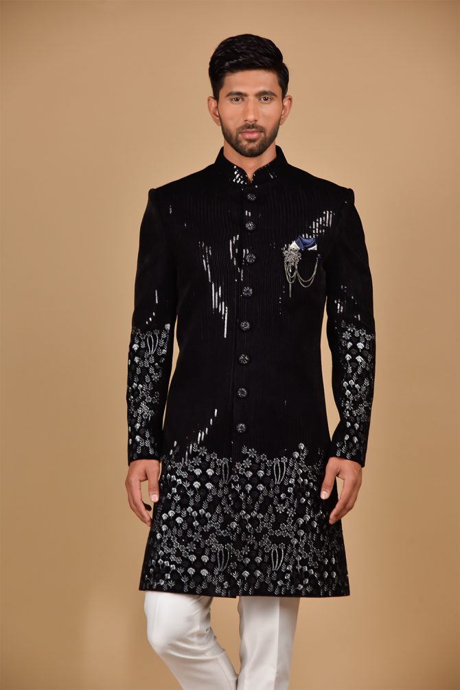 Black & White Sequin Embroidery Velvet Indo Western