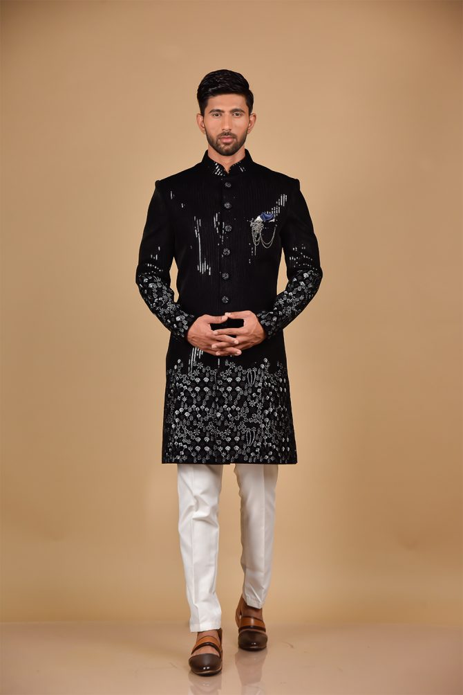 Black & White Sequin Embroidery Velvet Indo Western