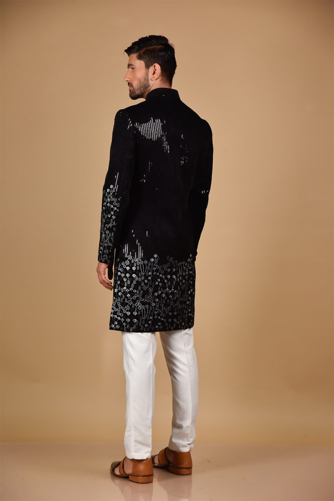 Black & White Sequin Embroidery Velvet Indo Western