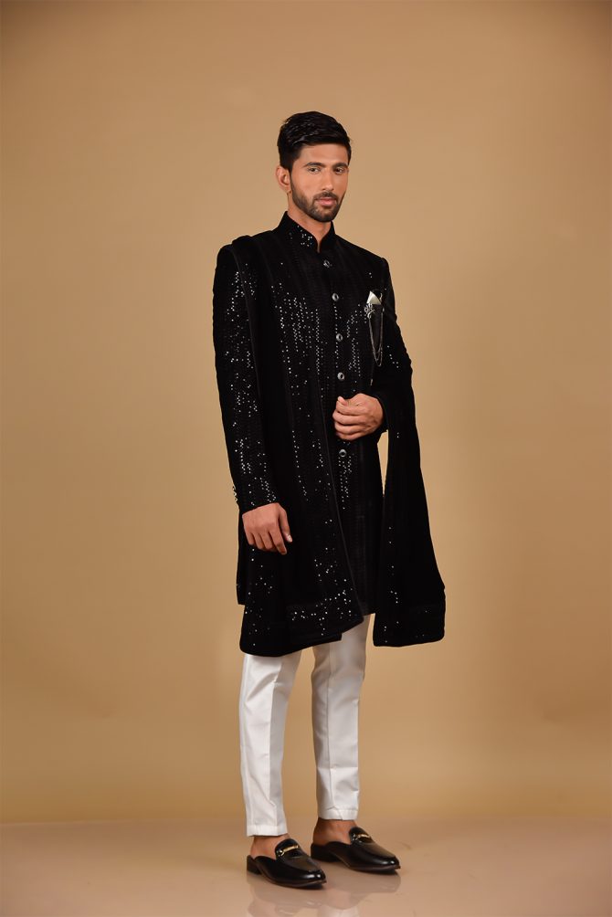 Mehandi Color Sequin Velvet Indo Western with Dupatta
