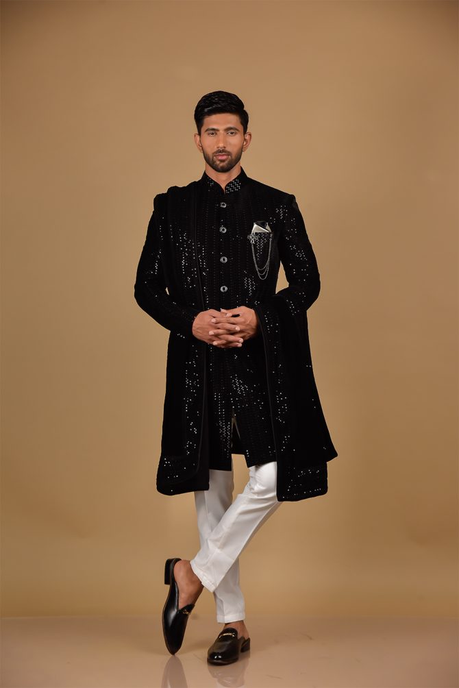 Mehandi Color Sequin Velvet Indo Western with Dupatta