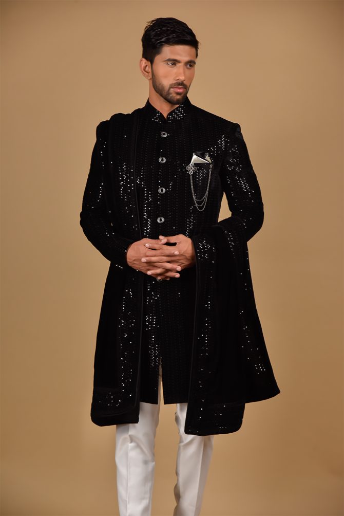 Mehandi Color Sequin Velvet Indo Western with Dupatta