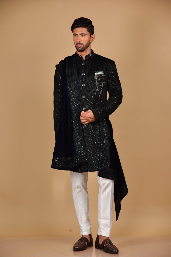 Mehandi Color Sequin Velvet Indo Western with Dupatta