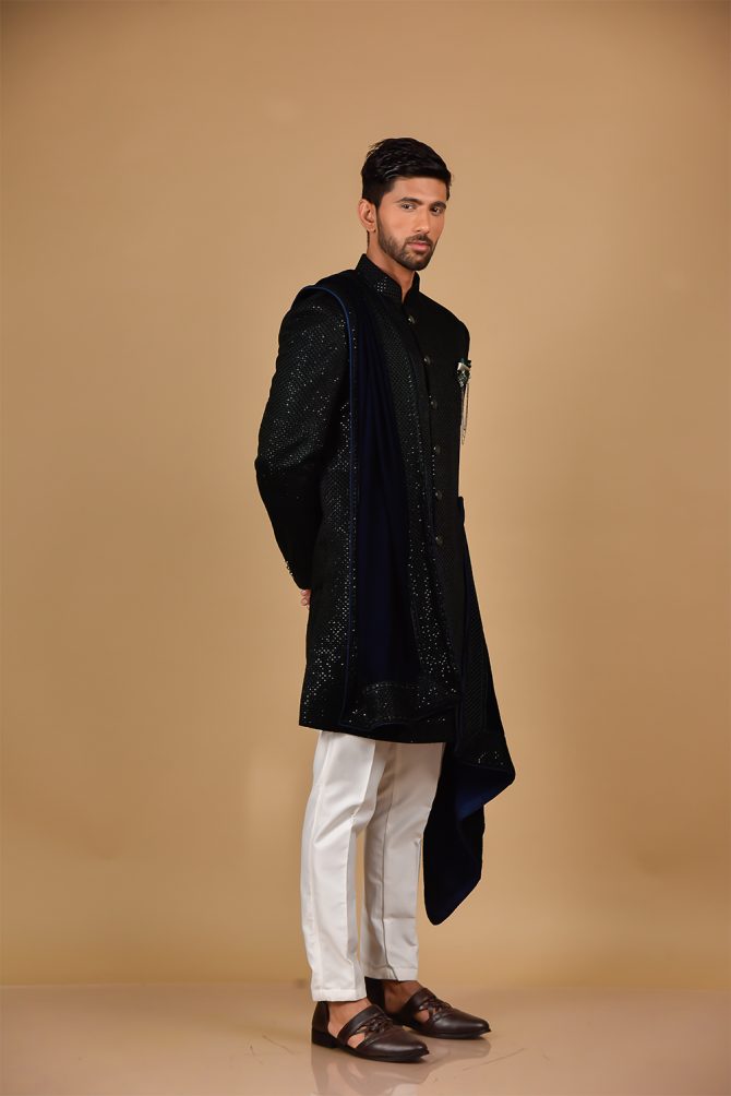 Mehandi Color Sequin Velvet Indo Western with Dupatta