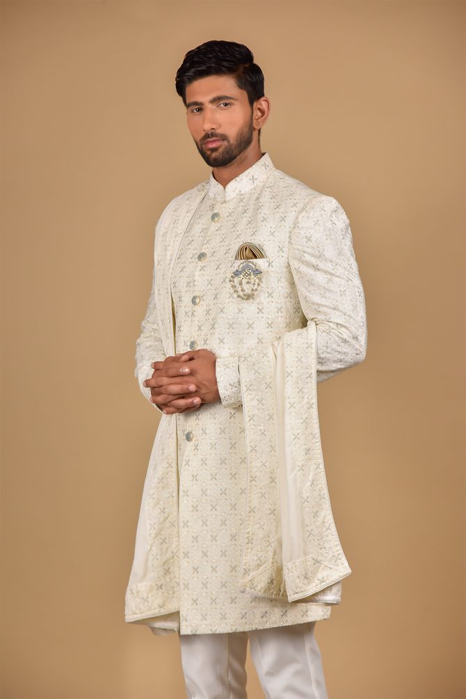 White Sequin Thread Work Indo-Western With Duppata