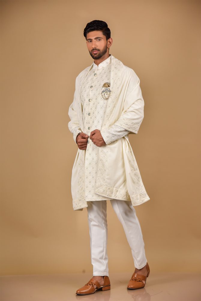 White Sequin Thread Work Indo-Western With Duppata