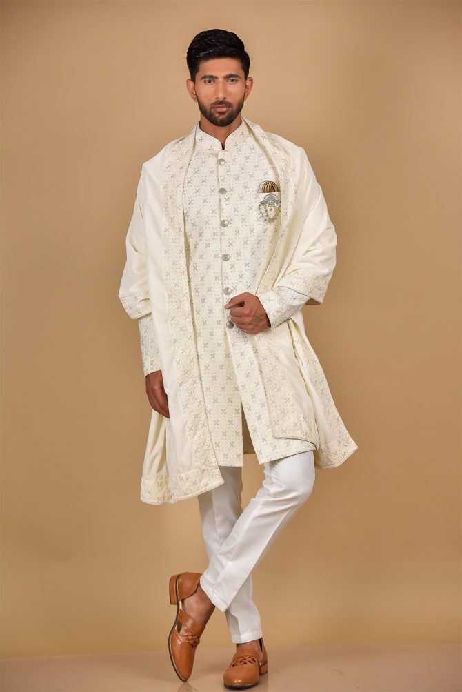 White Sequin Thread Work Indo-Western With Duppata