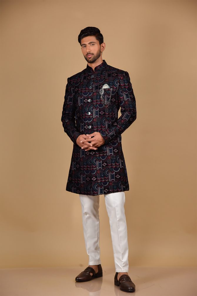Navy Blue Velvet Multicolour Thread Work Indo Western