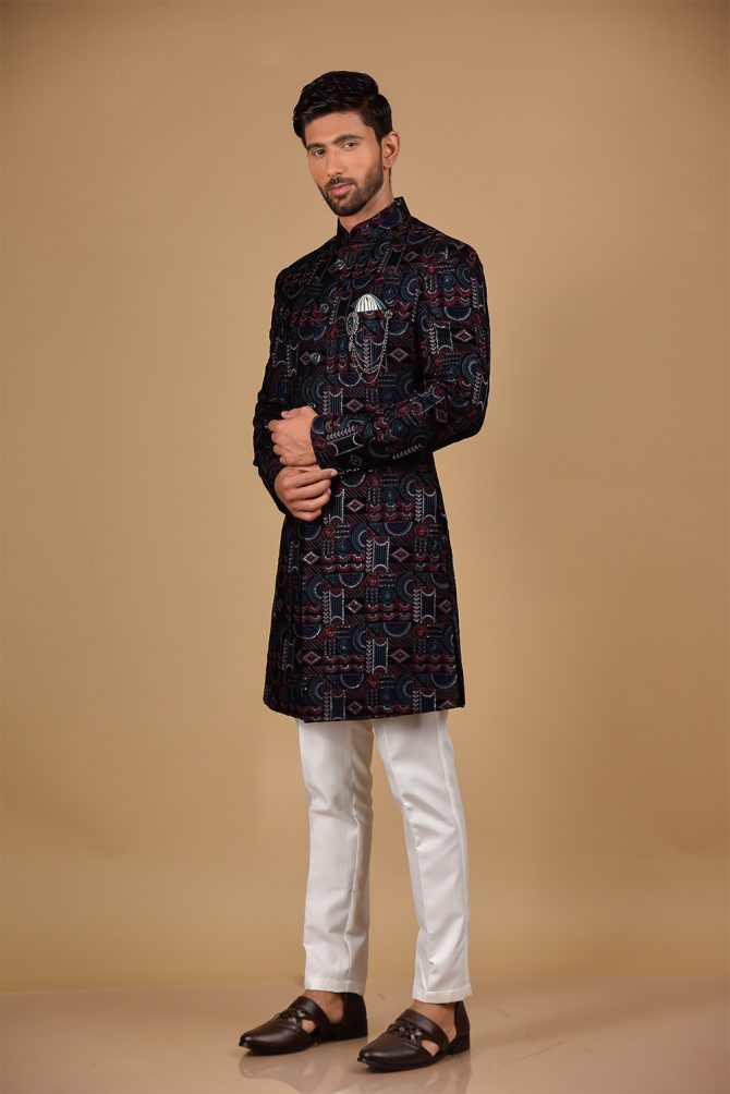 Navy Blue Velvet Multicolour Thread Work Indo Western