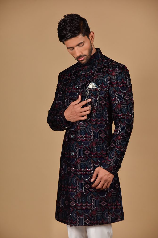 Navy Blue Velvet Multicolour Thread Work Indo Western