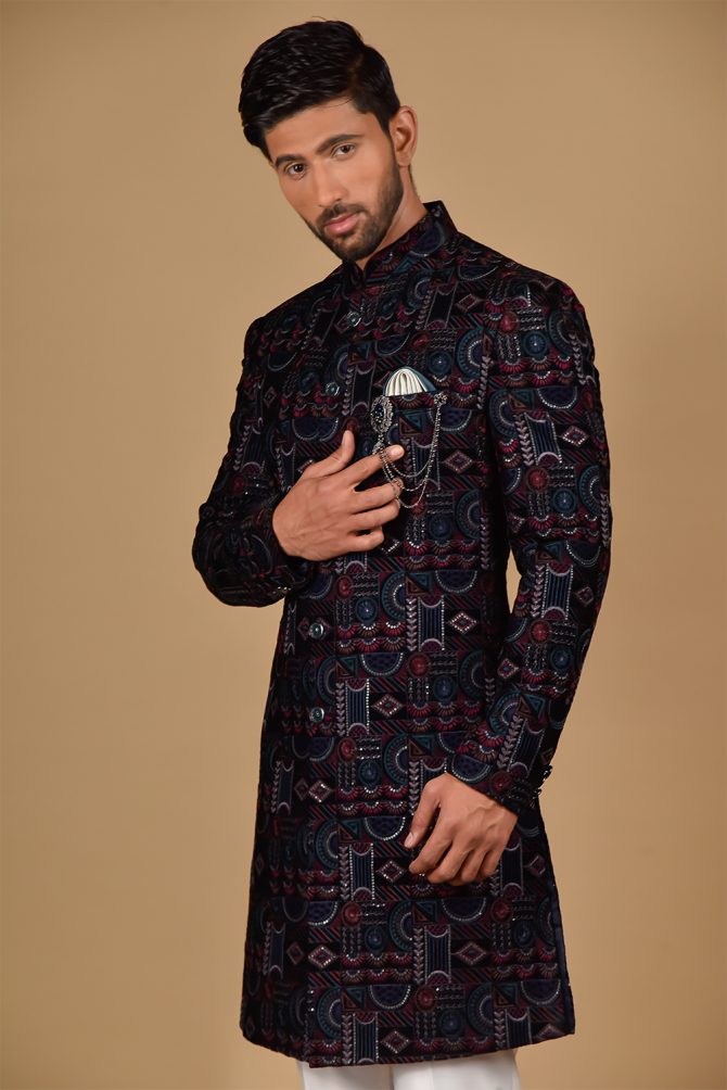 Navy Blue Velvet Multicolour Thread Work Indo Western