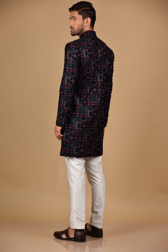 Navy Blue Velvet Multicolour Thread Work Indo Western
