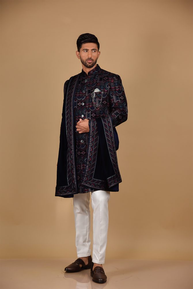 Navy Blue Velvet Rich Embroidered Indo Western with Dupatta