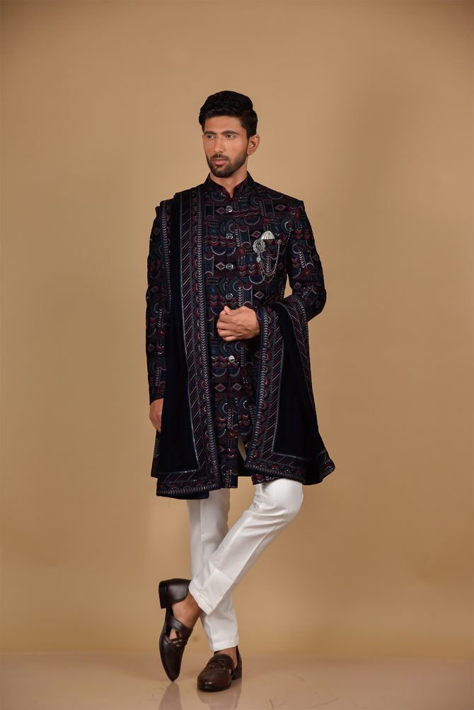 Navy Blue Velvet Rich Embroidered Indo Western with Dupatta