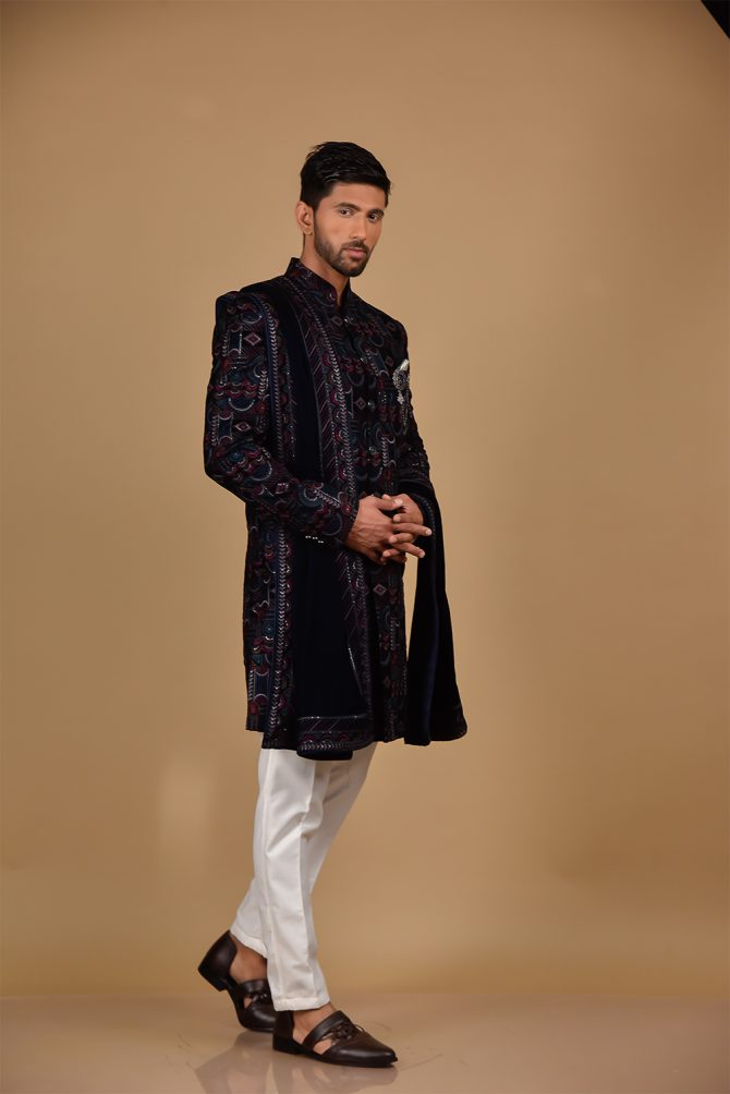 Navy Blue Velvet Rich Embroidered Indo Western with Dupatta