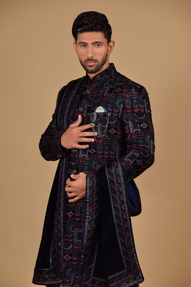 Navy Blue Velvet Rich Embroidered Indo Western with Dupatta