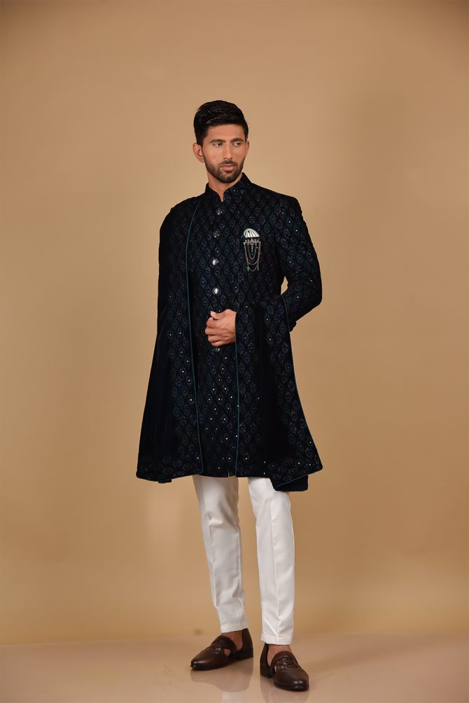 Blue Embroidered Indo Western with Velvet Dupatta