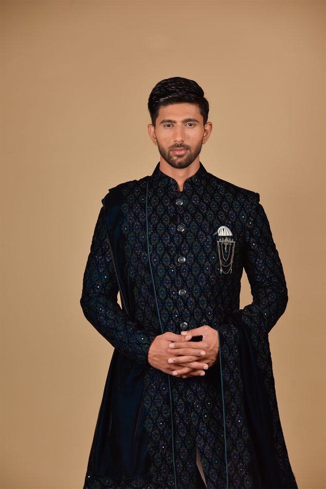 Blue Embroidered Indo Western with Velvet Dupatta