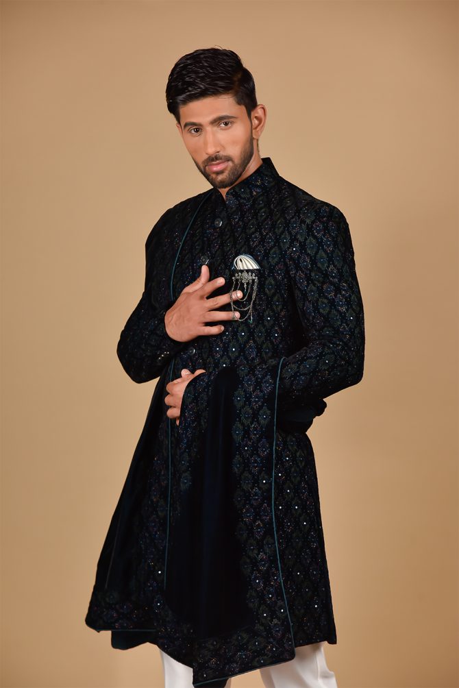 Blue Embroidered Indo Western with Velvet Dupatta