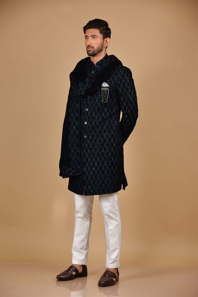 Blue Embroidered Indo Western with Velvet Dupatta