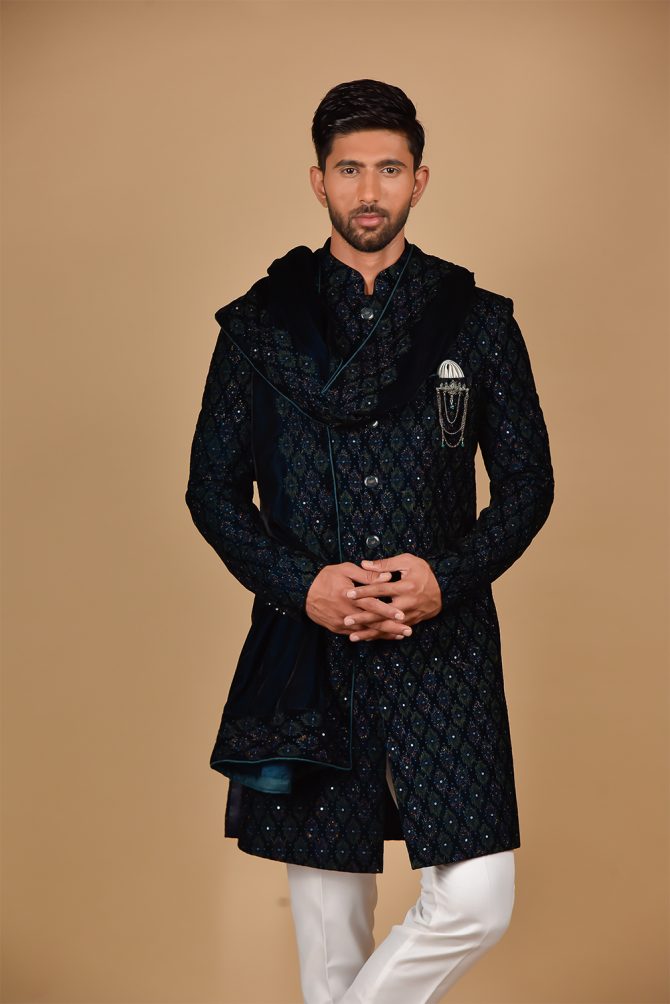 Blue Embroidered Indo Western with Velvet Dupatta