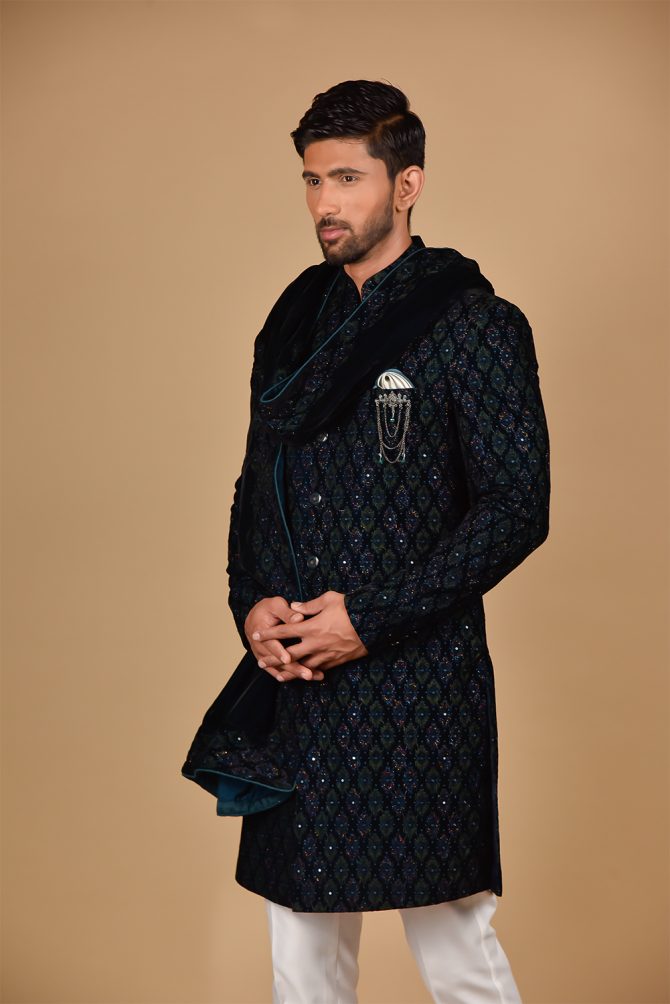 Blue Embroidered Indo Western with Velvet Dupatta