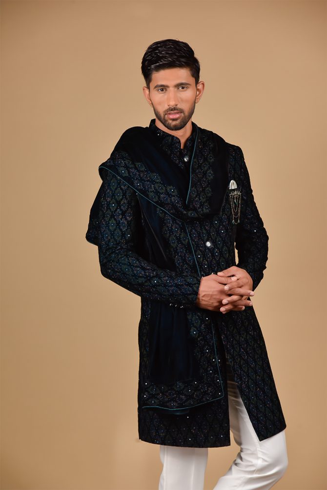 Blue Embroidered Indo Western with Velvet Dupatta