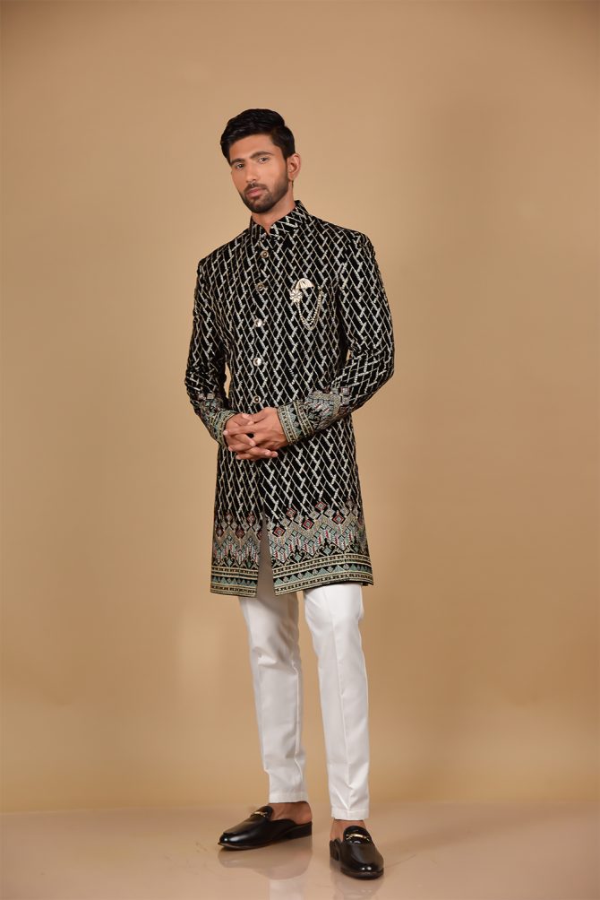 Black & Golden Thread Embroidered Velvet Indo-Western